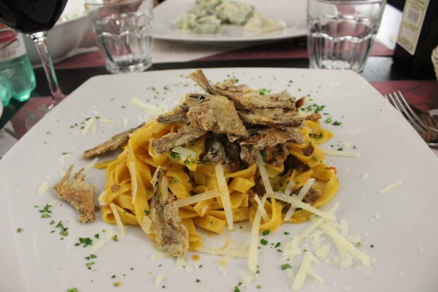 freshly made pasta with lamb ragout and deep-fried artichokes